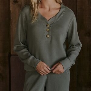 Thermal Waffle Henley Pullover, Olive Green